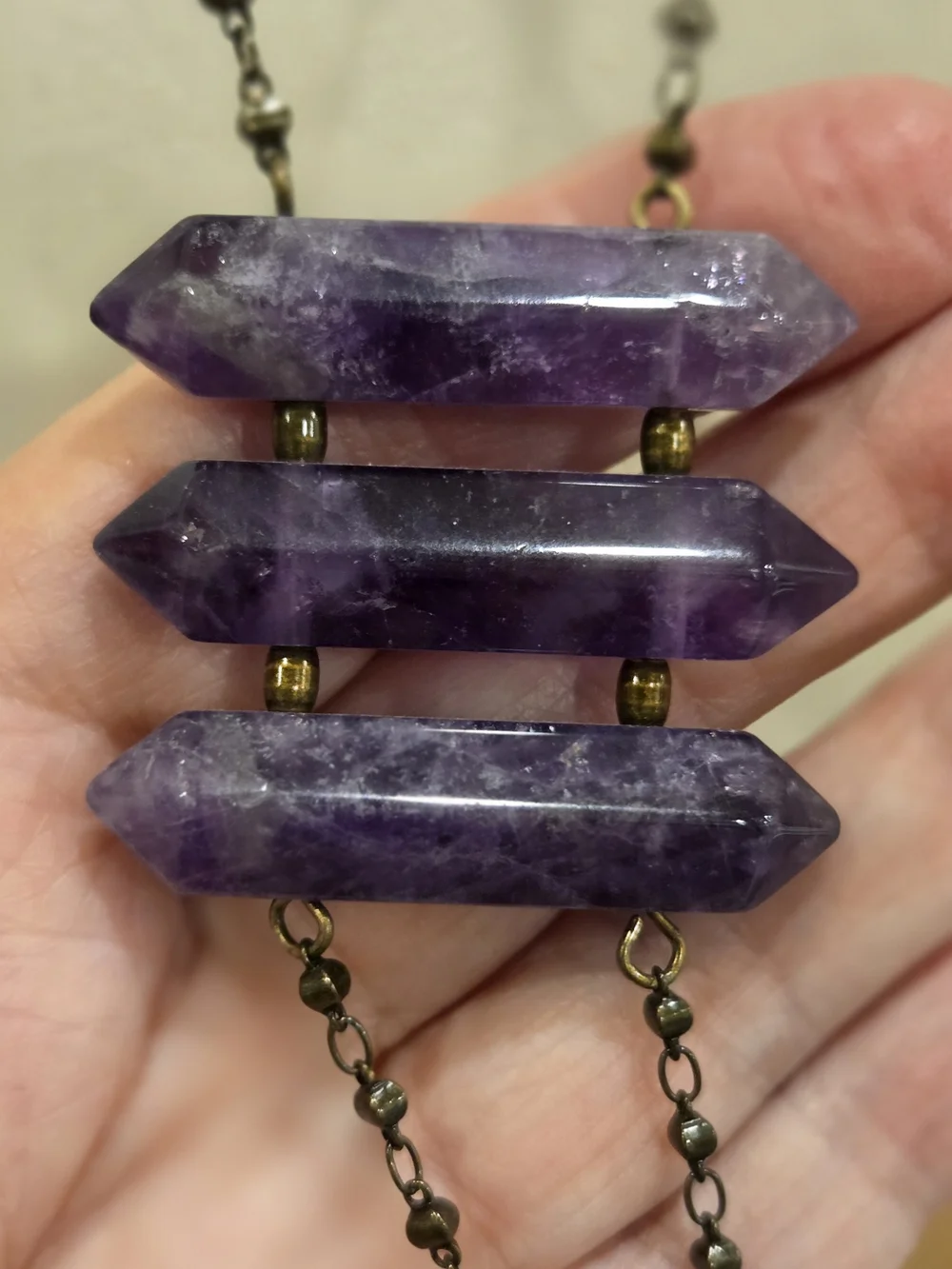 Amethyst Crystal Triple Bar Pendant Necklace - Total Drop 24
